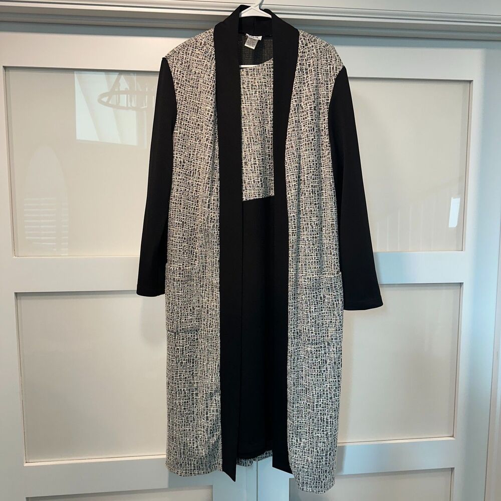 Black Off White Slub Tweed Duster Jacket Sleeveless Midi Dress Set Plus Size 22W